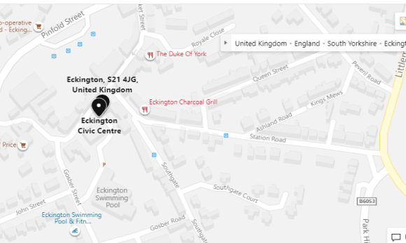 Map of Eckington town centre showing the direction to Eckington Civic Centre. Free car parking is available in the swimming bath car park behind the building.

Market St, Eckington, Sheffield S21 4JG